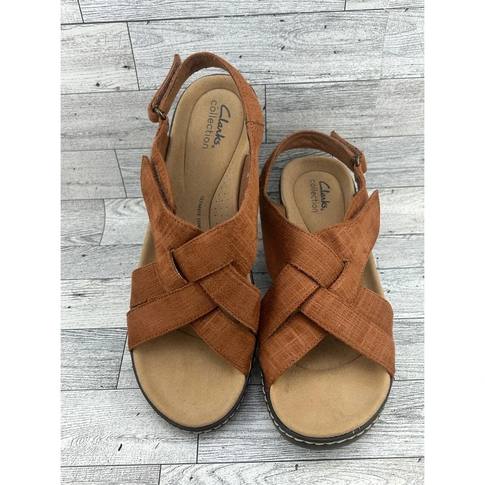 Clarks Collection Women Tan Brown Woven Wedge Sandals Ultimate Comfort Sz 9M